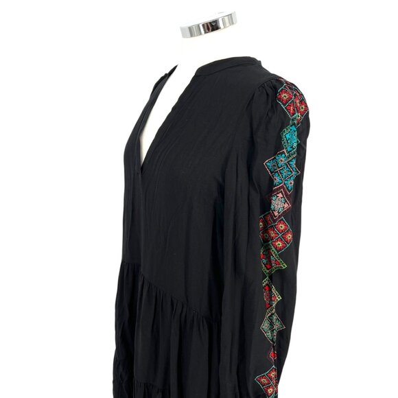 Desigual Ethnic Sleeve Embroidery Print Black Tiered Boho Dress Size Small - Picture 5 of 13